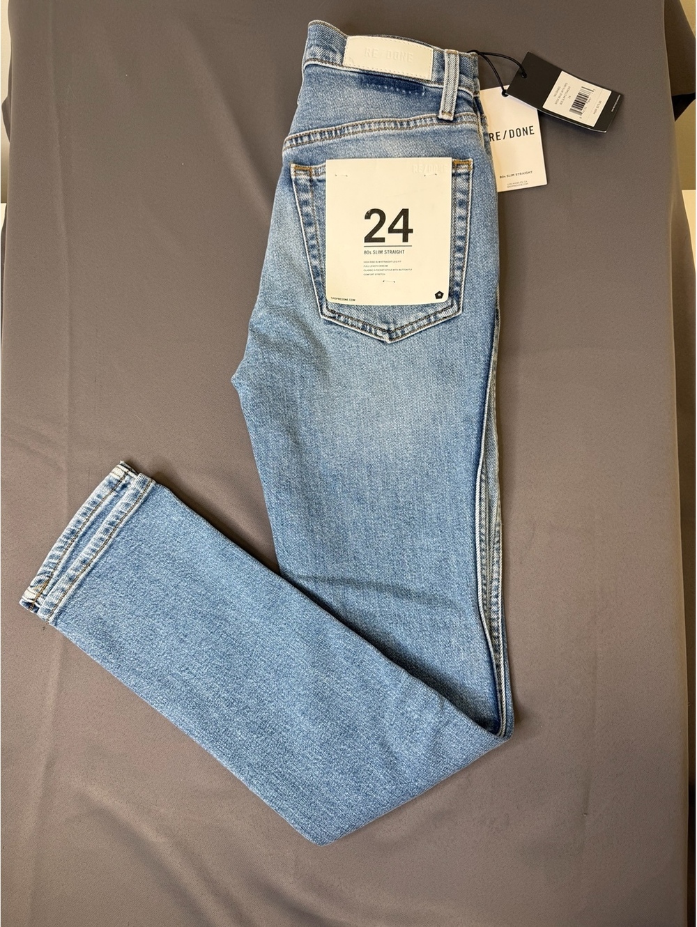 NWT RE/DONE 80s Slim Straight Jeans Size 24 Brisk Blue Distresse